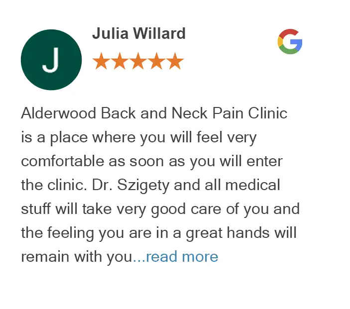 Us 12 Google review by Julia Willard for Alderwood Back & Neck Pain Clinic