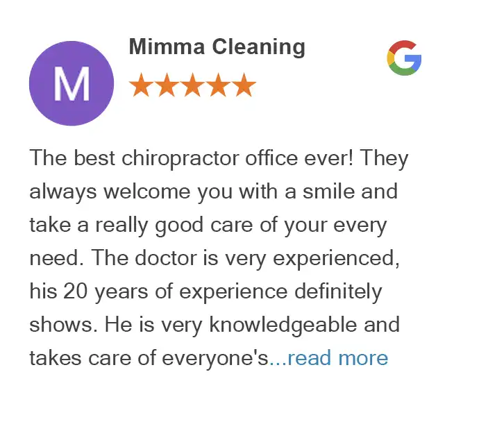 Us 9 Google review by Mimma Cleaning for Alderwood Back & Neck Pain Clinic